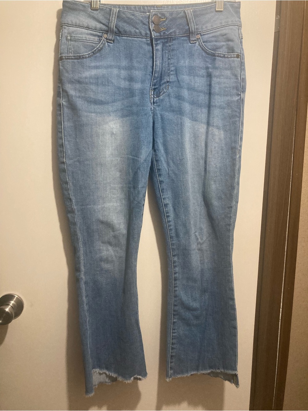 CAbi Light Blue Cropped high low Raw-Hem Straight Jeans